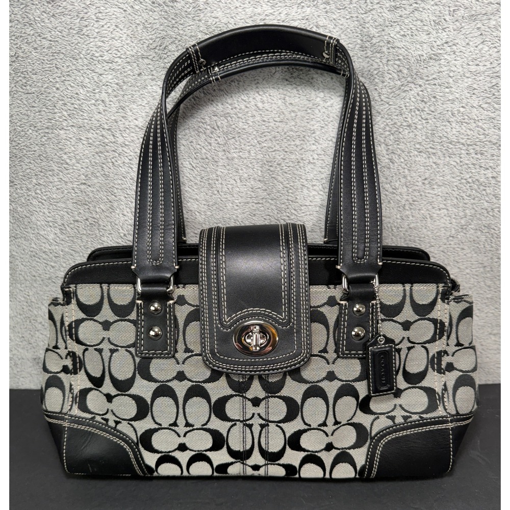 Coach Hamptons Satchel Handbag Turnlock Black Signature Canvas Leather F13975